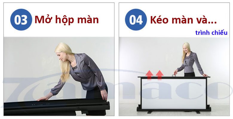 Màn chiếu để sàn EXZEN 110inch di động, nhỏ gọn man chieu de san exzen zamaco 1