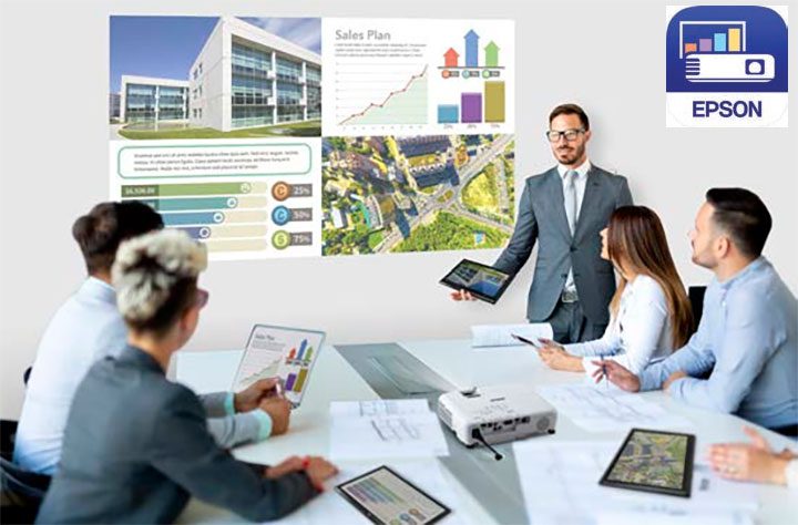 Máy chiếu Epson EB-E10 - XGA, 3600 ANSI Lumens trinh chieu noi dung tu 4 nguon vao cung luc voi ung dung epson iprojection