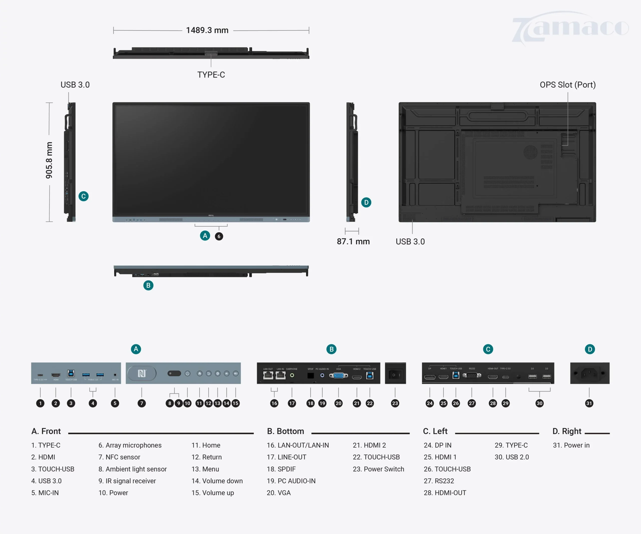 Kích thước màn hình tương tác BenQ RM6504
