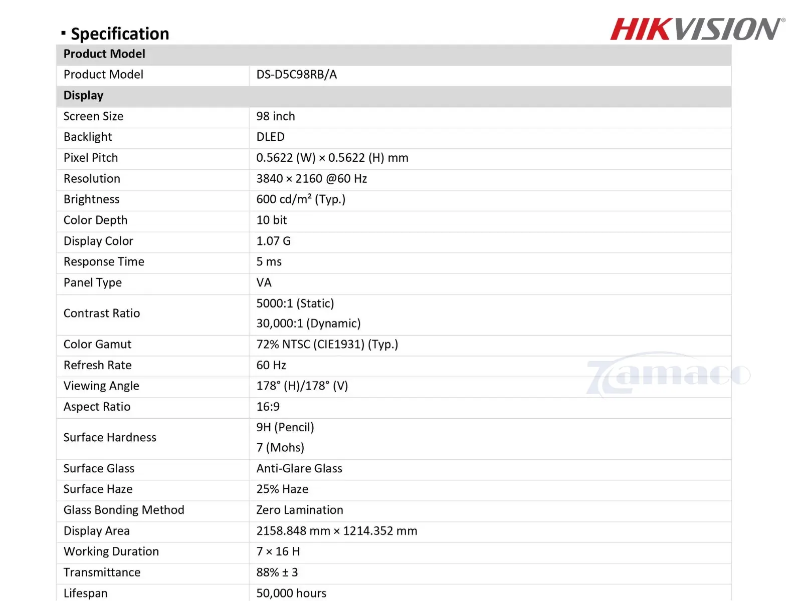 Màn hình tương tác Hikvision DS-D5C98RB/A 98 inch Bảng dữ liệu Hikvision DS-D5C98RB/A