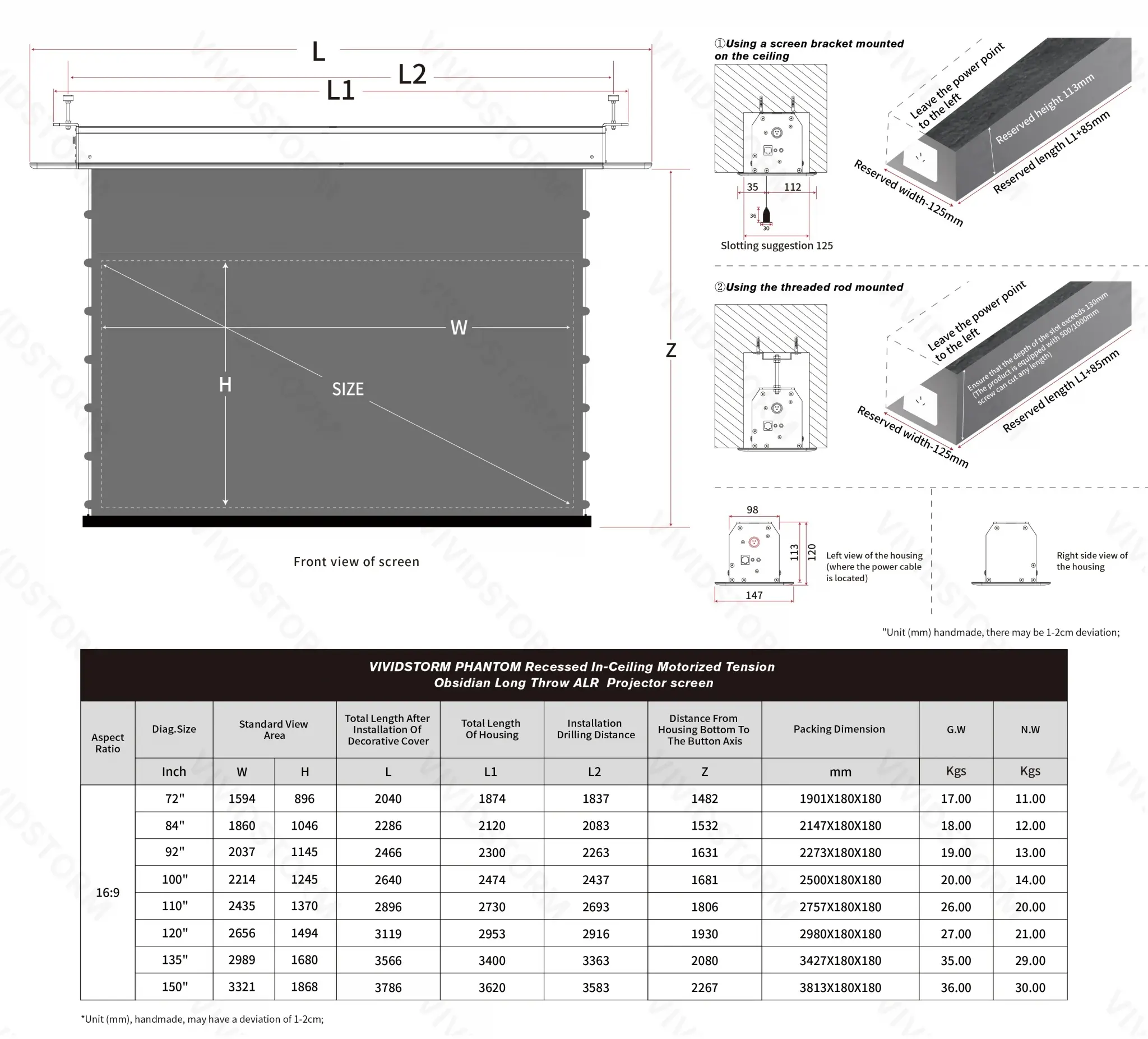 Màn chiếu âm trần quang học VIVIDSTORM VPCLALR92H 92 inch – Chiếu xa mc16