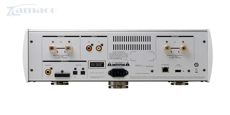 Đầu CD Teac NR-7CD Mặt sau của đầu CD TEAC NR-7CD với các cổng kết nối đa dạng gồm ngõ ra loa, coaxial, optical, Ethernet và USB, hỗ trợ nhiều thiết bị âm thanh khác nhau.