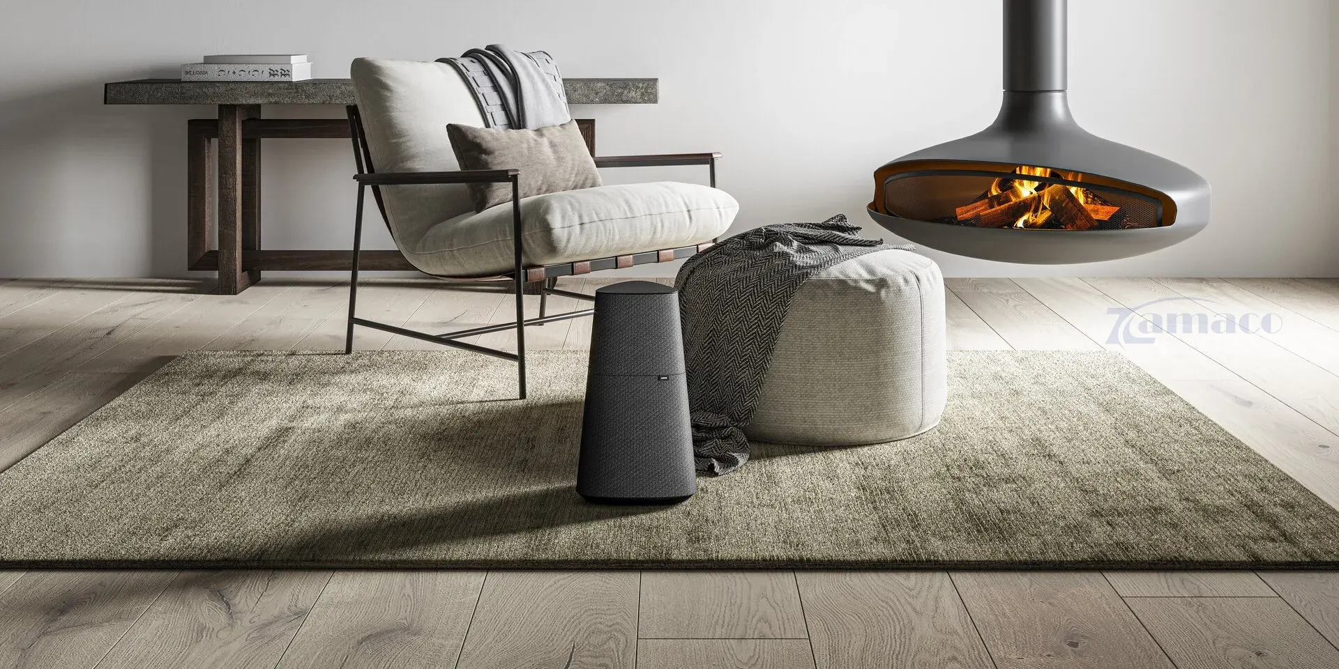 Loa Loewe klang mr5 – 180W tích hợp subwoofer Loa không dây Loewe Klang MR5 đặt trong không gian phòng khách hiện đại, thiết kế sang trọng với tông màu đen tinh tế, mang đến trải nghiệm âm thanh cao cấp.