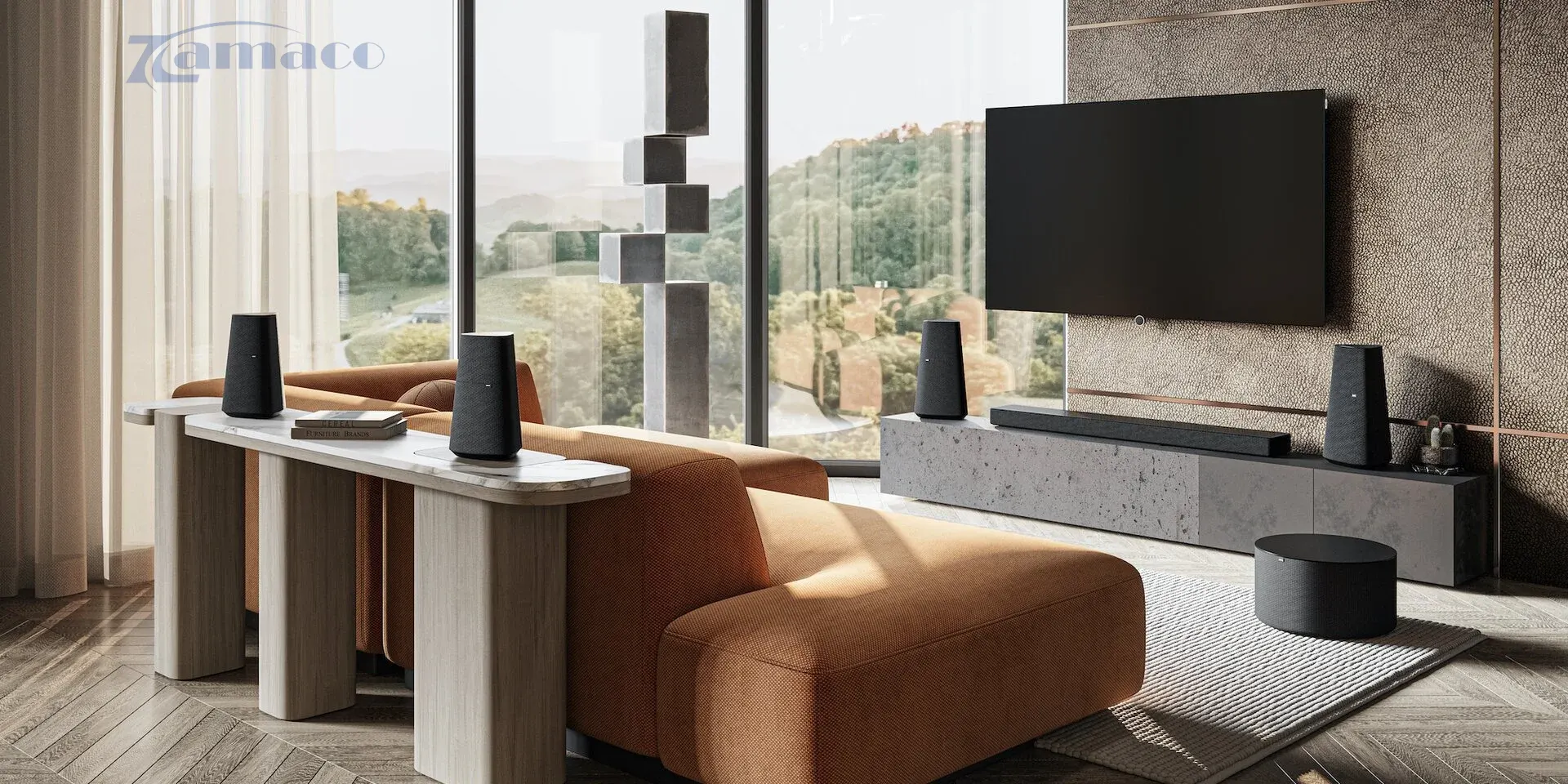 Loa Loewe klang mr5 – 180W tích hợp subwoofer Hệ thống loa Loewe Klang MR5 được bố trí trong phòng khách sang trọng, gồm nhiều loa không dây kết nối với TV, mang đến không gian âm thanh vòm sống động.