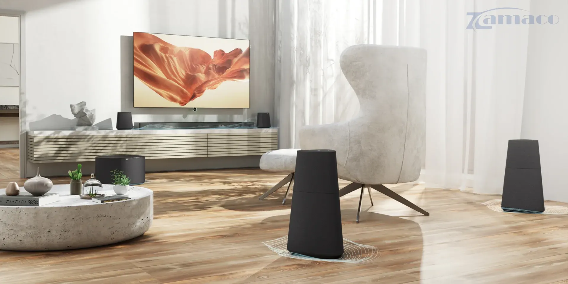 Loa Loewe klang mr5 – 180W tích hợp subwoofer Dàn loa không dây Loewe Klang MR5 được bố trí trong phòng khách sáng sủa, kết hợp cùng TV hiện đại tạo nên hệ thống giải trí đẳng cấp với âm thanh sống động.