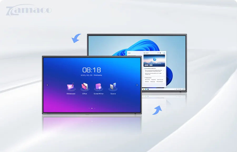 Màn hình tương tác Horion 65K7A | 4K * 65in Màn hình tương tác Horion 65K7A hiển thị giao diện song song giữa hệ điều hành Android và Windows, cho phép người dùng chuyển đổi linh hoạt để làm việc, trình chiếu và cộng tác hiệu quả.