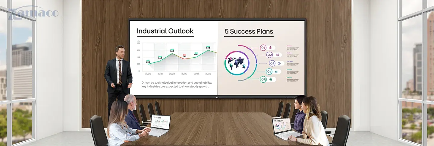 Màn hình tương tác thông minh LG 105TR5WP trong phòng họp hiện đại – hiển thị biểu đồ và kế hoạch chiến lược rõ ràng, hỗ trợ thuyết trình chuyên nghiệp.