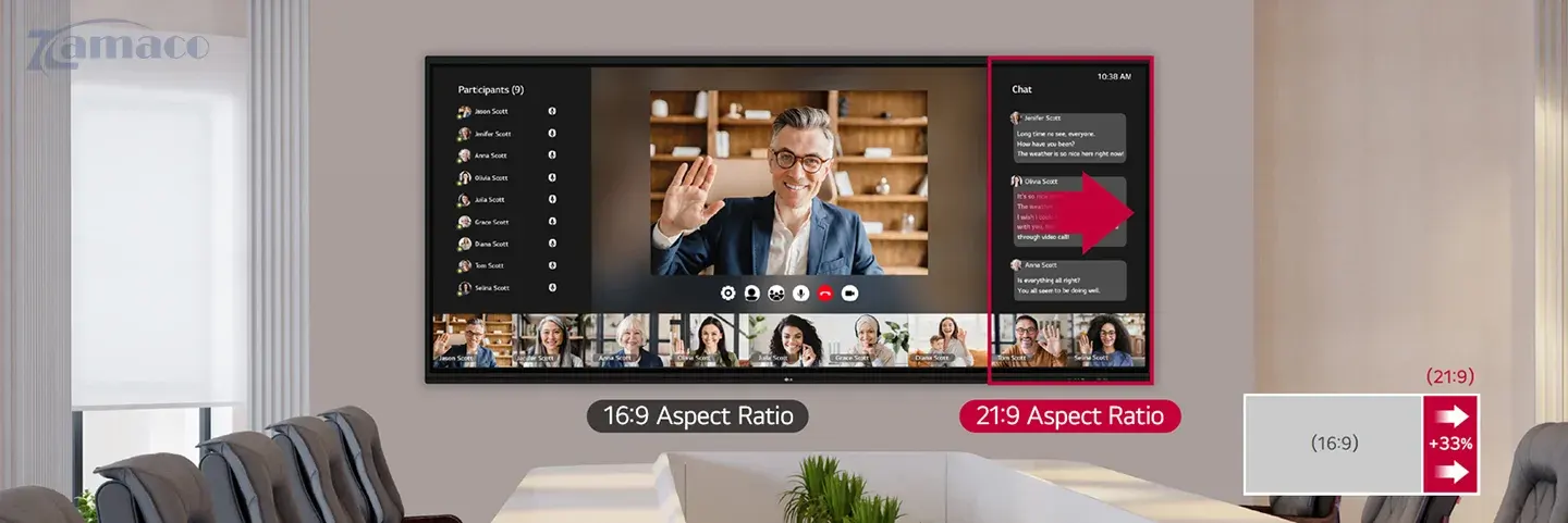 So sánh khả năng hiển thị của màn hình LG 105TR5WP với tỉ lệ 21:9 cho không gian hiển thị rộng hơn 33% so với màn hình 16:9 thông thường.