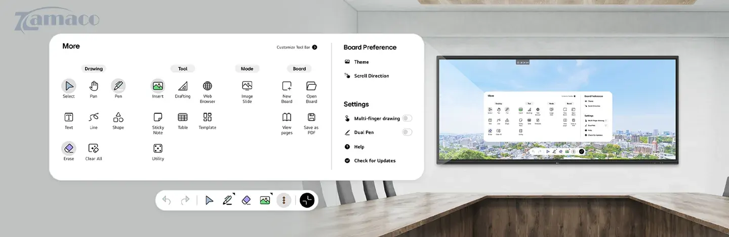 Giao diện phần mềm LG CreateBoard Lab trên màn hình LG 105TR5WP – tích hợp bảng trắng số, bút vẽ, văn bản, chú thích, ghi chú dính và nhiều công cụ hỗ trợ thảo luận.