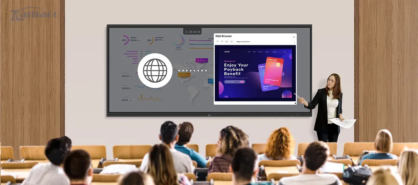 Màn hình tương tác thông minh LG 105TR5WP trong lớp học – hỗ trợ giảng dạy trực quan, kết hợp trình duyệt web và nội dung trình chiếu cùng lúc.