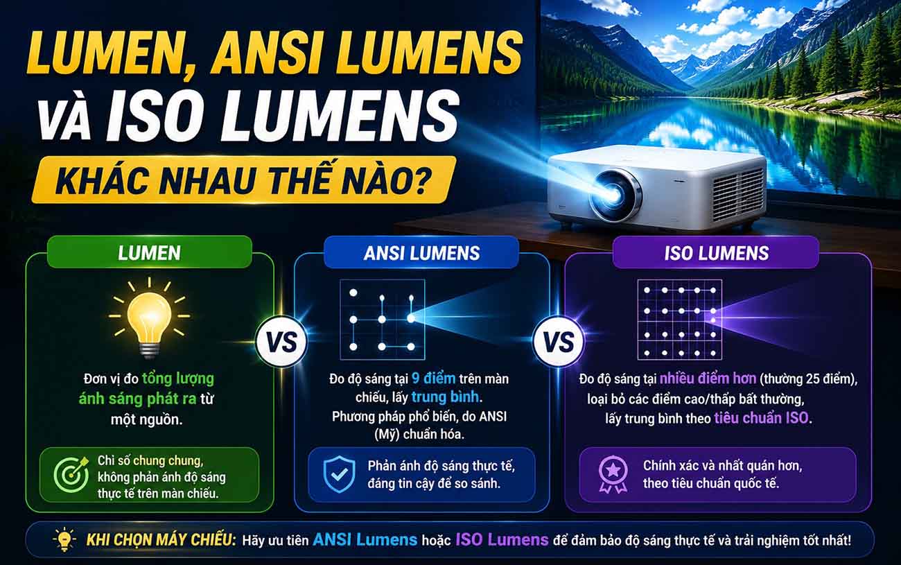 Độ sáng máy chiếu là gì? Cách chọn đúng nhu cầu So sánh Lumen, ANSI Lumens và ISO Lumens