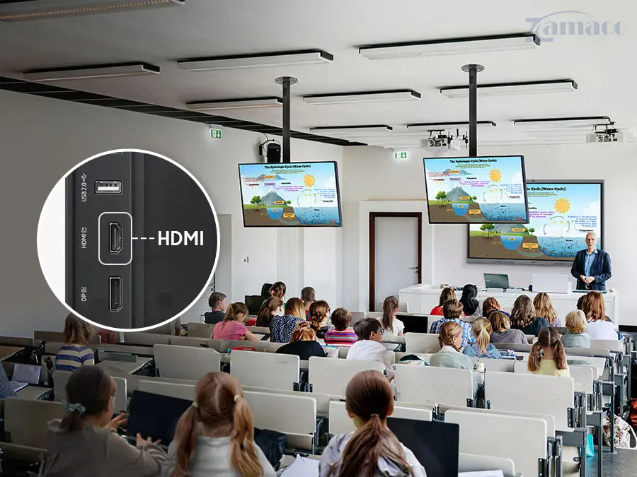 Màn hình tương tác Samsung LH65WAFPLGCXXS 65 inch WAFX-P, hệ điều hành Android. Với tính năng cổng HDMI out, người dùng có thể chia sẻ màn hình trên nhiều thiết bị hiển thị khác trong lớp. Nhờ đó, mọi nười đều dễ dàng theo dõi nội dung dù ở bất kỳ vị trí nào.