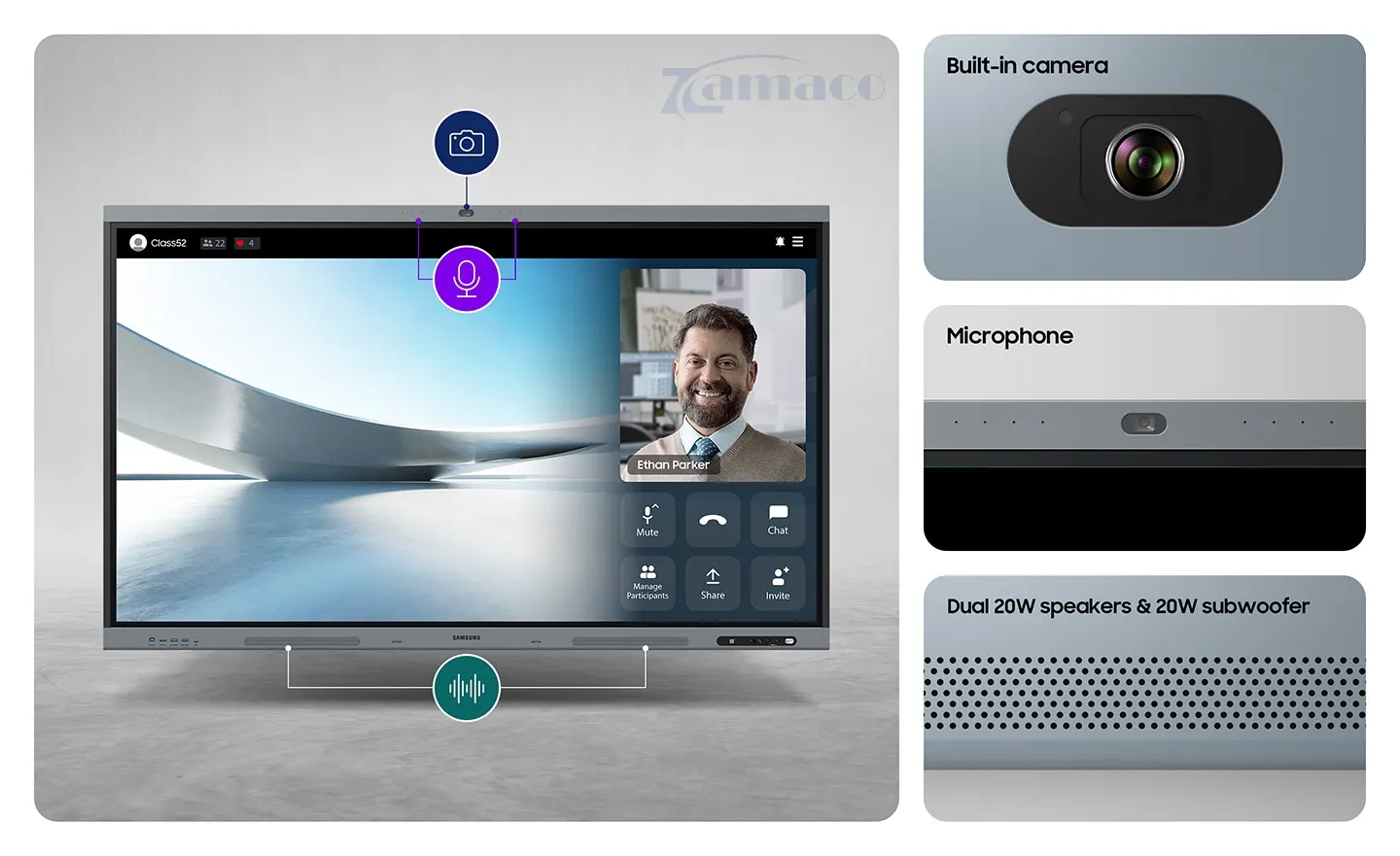 Màn hình tương tác Samsung LH65WAFPLGCXXS 65 inch WAFX-P, hệ điều hành Android. Màn hình tương tác Samsung LH65WAFPLGCXXS tích hợp camera 48MP, micro thu âm phạm vi 10m, loa kép 20W và loa siêu trầm 20W, mang đến trải nghiệm họp trực tuyến và giảng dạy hiệu quả mà không cần thiết bị bổ sung.