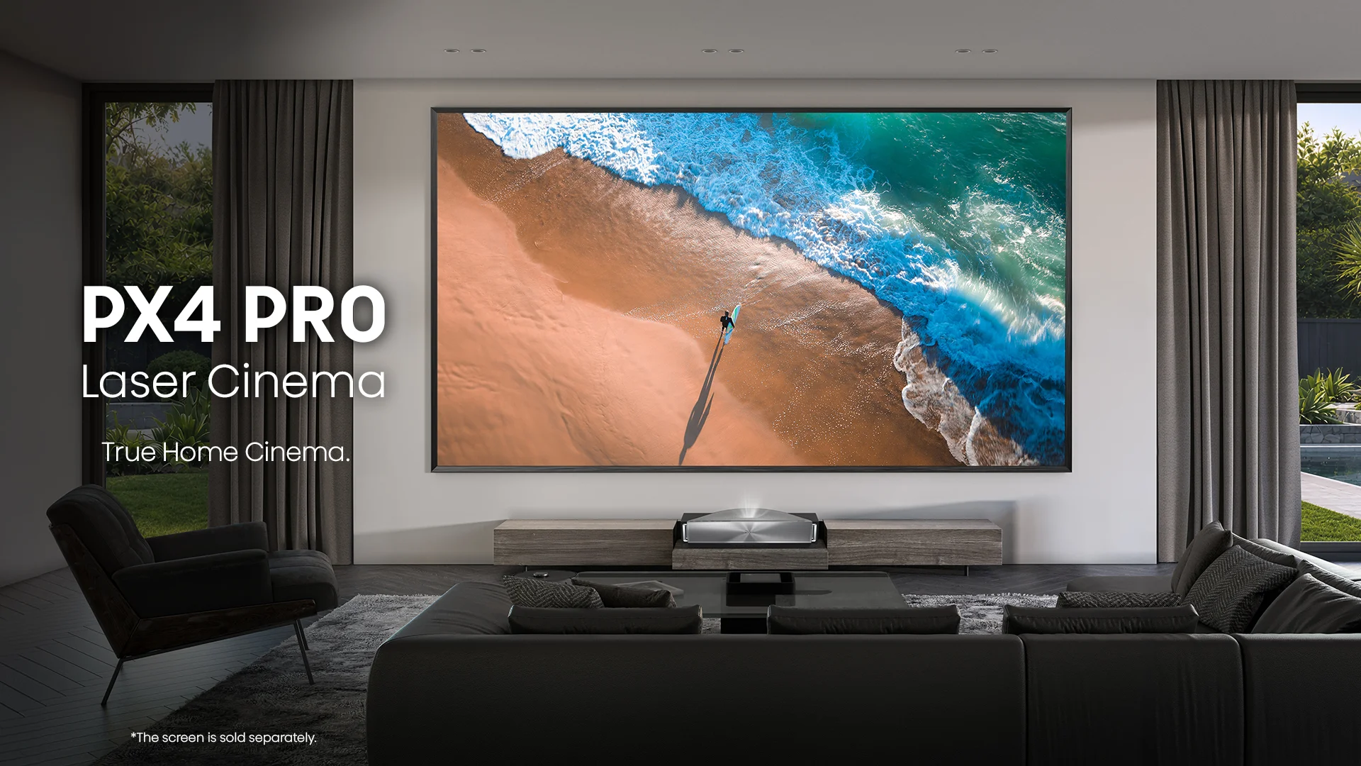Máy chiếu siêu gần Hisense PX4 Pro 4K RGB laser trong phòng khách Máy chiếu siêu gần Hisense PX4 Pro 4K RGB laser trong phòng khách