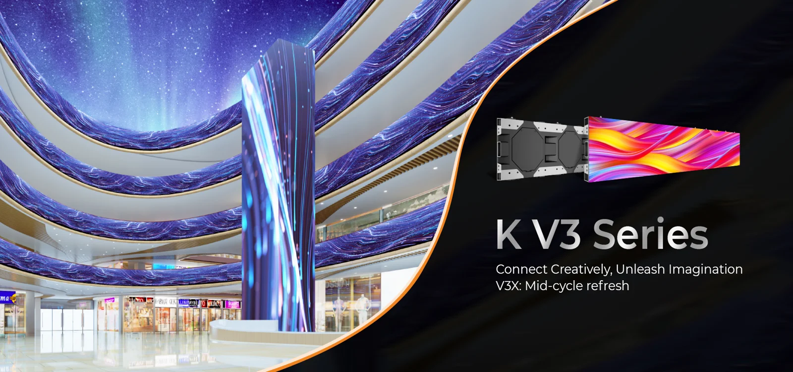 Màn hình LED Absen K V3 trong nhà P1.89 / P2.5 / P3.9 cho bán lẻ Màn hình LED Absen K V3 bọc cột và viền tầng tại trung tâm thương mại