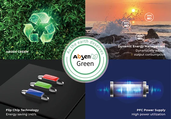 Màn hình LED Absen XL Series Micro LED flip-chip P1.53 / P1.86 tương phản 10.000:1 Công nghệ tiết kiệm điện Absen Green trên màn Absen XL