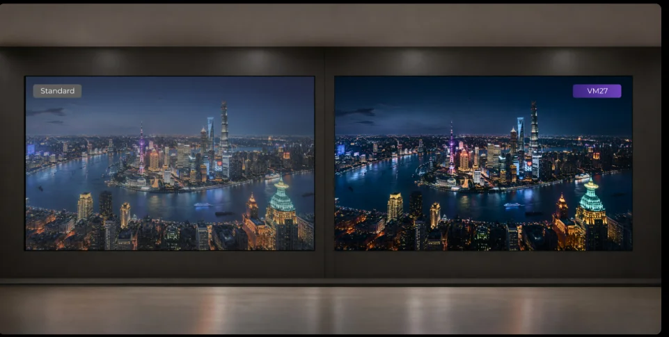 So sánh tương phản BlackDepth+ của màn hình LED QSTECH VM27 với màn tiêu chuẩn