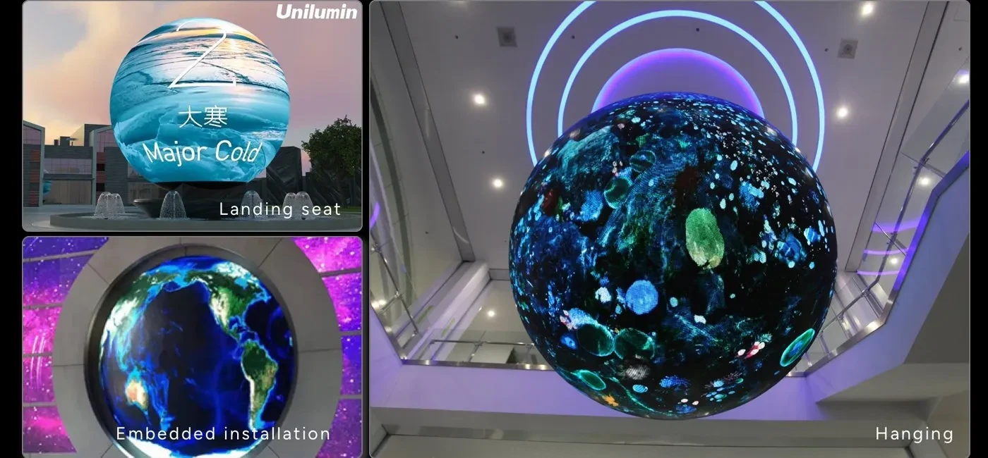 Các kiểu lắp Unilumin U-Sphere: treo, đặt sàn và lắp âm