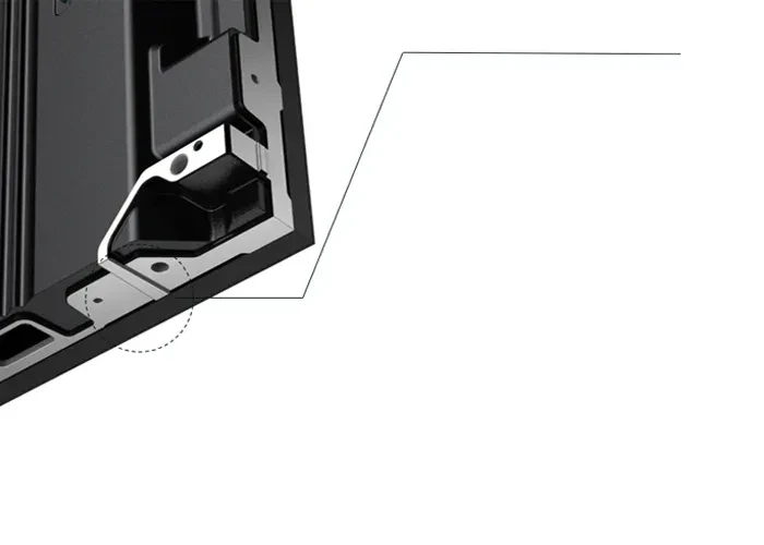 Chi tiết góc cabinet Unilumin UDA II với thiết kế chống va chạm Chi tiết góc cabinet Unilumin UDA II với thiết kế chống va chạm