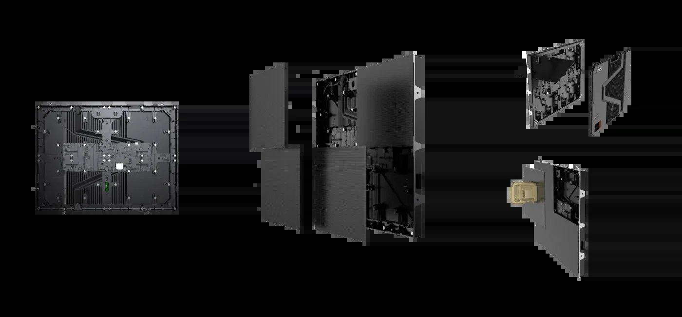 Cấu trúc cabinet và module Unilumin UmateDA3 với kết nối board-to-board, bảo trì trước và sau Cấu trúc cabinet và module Unilumin UmateDA3 với kết nối board-to-board, bảo trì trước và sau