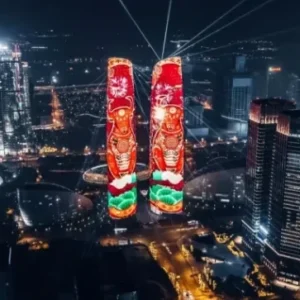 Media facade Unilumin Umesh VT trên tòa tháp đôi về đêm