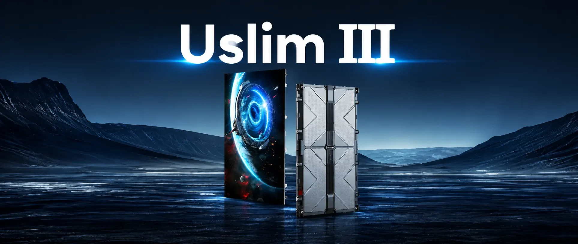 Cabinet màn hình LED Unilumin Uslim III đặt trên nền phong cảnh đêm Cabinet màn hình LED Unilumin Uslim III đặt trên nền phong cảnh đêm