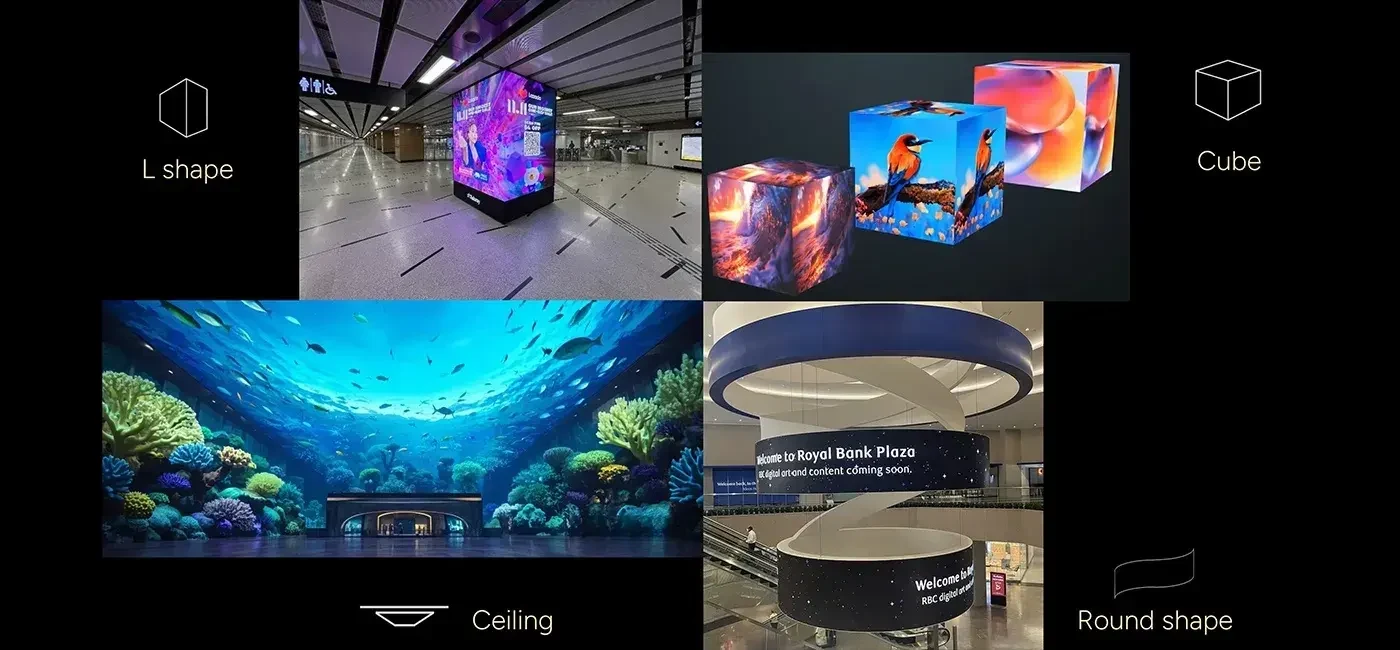 Các kiểu ghép màn hình LED Unilumin Uslim III: góc L, khối lập phương, trần và hình tròn Các kiểu ghép màn hình LED Unilumin Uslim III: góc L, khối lập phương, trần và hình tròn