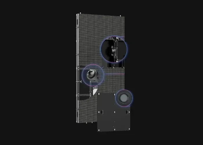 Chi tiết thiết kế an toàn ba lớp của cabinet Unilumin Uslim S2 với dây chống rơi và vòng đệm chống rung Chi tiết thiết kế an toàn ba lớp của cabinet Unilumin Uslim S2 với dây chống rơi và vòng đệm chống rung