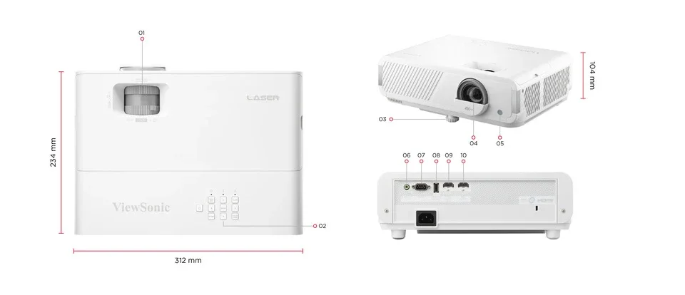 Viewsonic LX750-4K kích thước Kích thước máy chiếu Viewsonic LX750-4K 312 × 234 × 104 mm