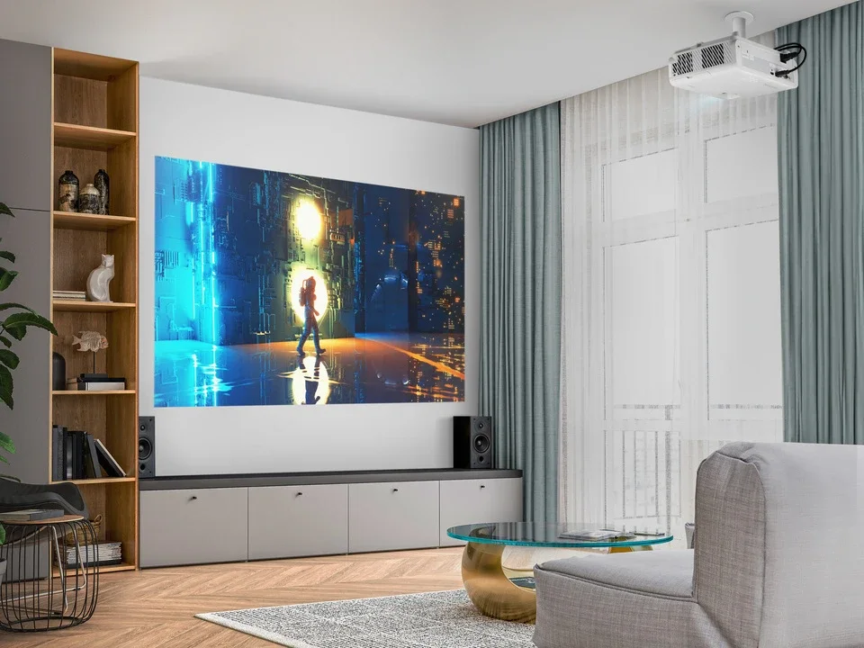 Phòng khách sáng chiếu hình lớn bằng máy chiếu laser Viewsonic LX750-4K Phòng khách sáng chiếu hình lớn bằng máy chiếu laser Viewsonic LX750-4K